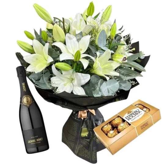 Ramo lilium lirios blancos rocher x8 y espumante